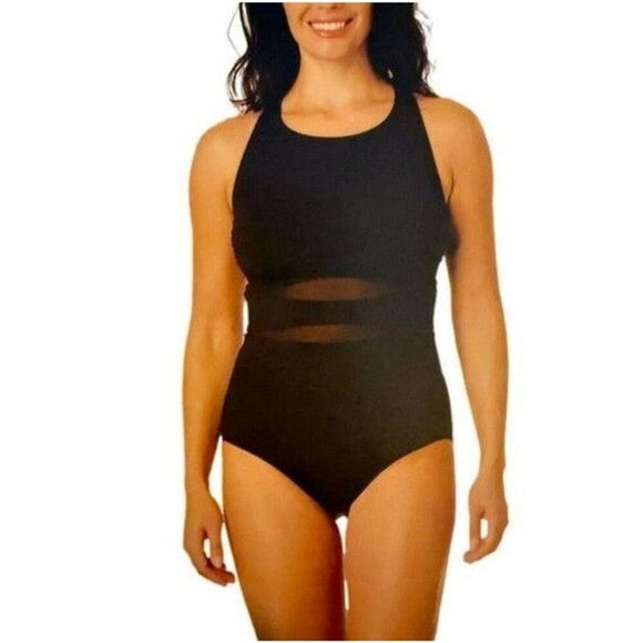 Lands' End Other - Lands' End Swimsuit 1-Piece Medium M Black Sheer Panels Full Coverage Bottom NWT